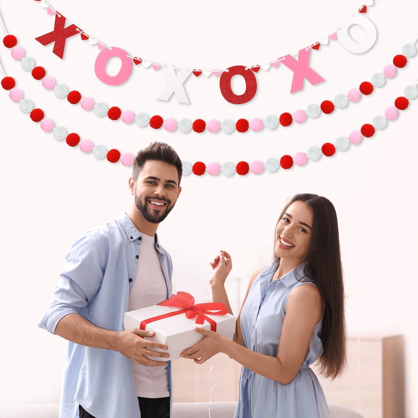 QOUBAI 3pcs Valentine's Day Garland Felt Ball Garland 10ft Pompom Garland Valentine Decorations XOXO Felt Ball Banner for Mantle Fireplace Room Valentine's Day Anniversary Engagement Party Supplies