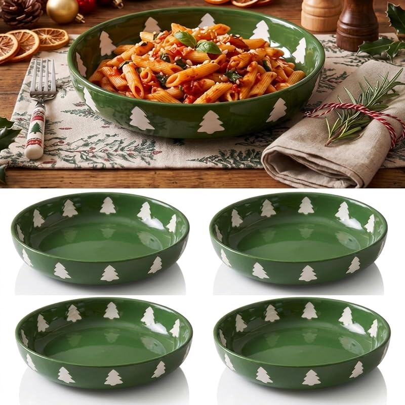 Christmas Tree Ceramic Pasta Bowls Set of 4 – Green with White Tree Pattern, 40 oz