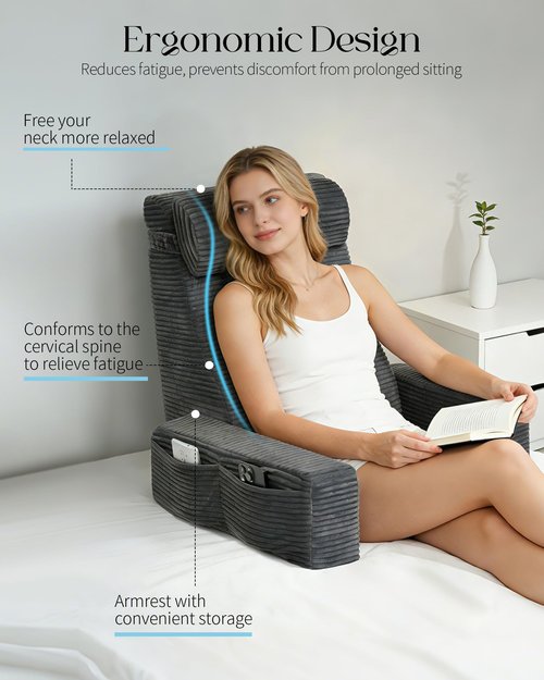 Seniny Reading Pillow for Bed Adult - 22" Back Support Pillow for Sitting Up Rest, Husband Bed Chair and Backrest Pillow with Arms, Lounge Sit Up Pillows for Dorm, Corner, Couch, Study, Watching TV