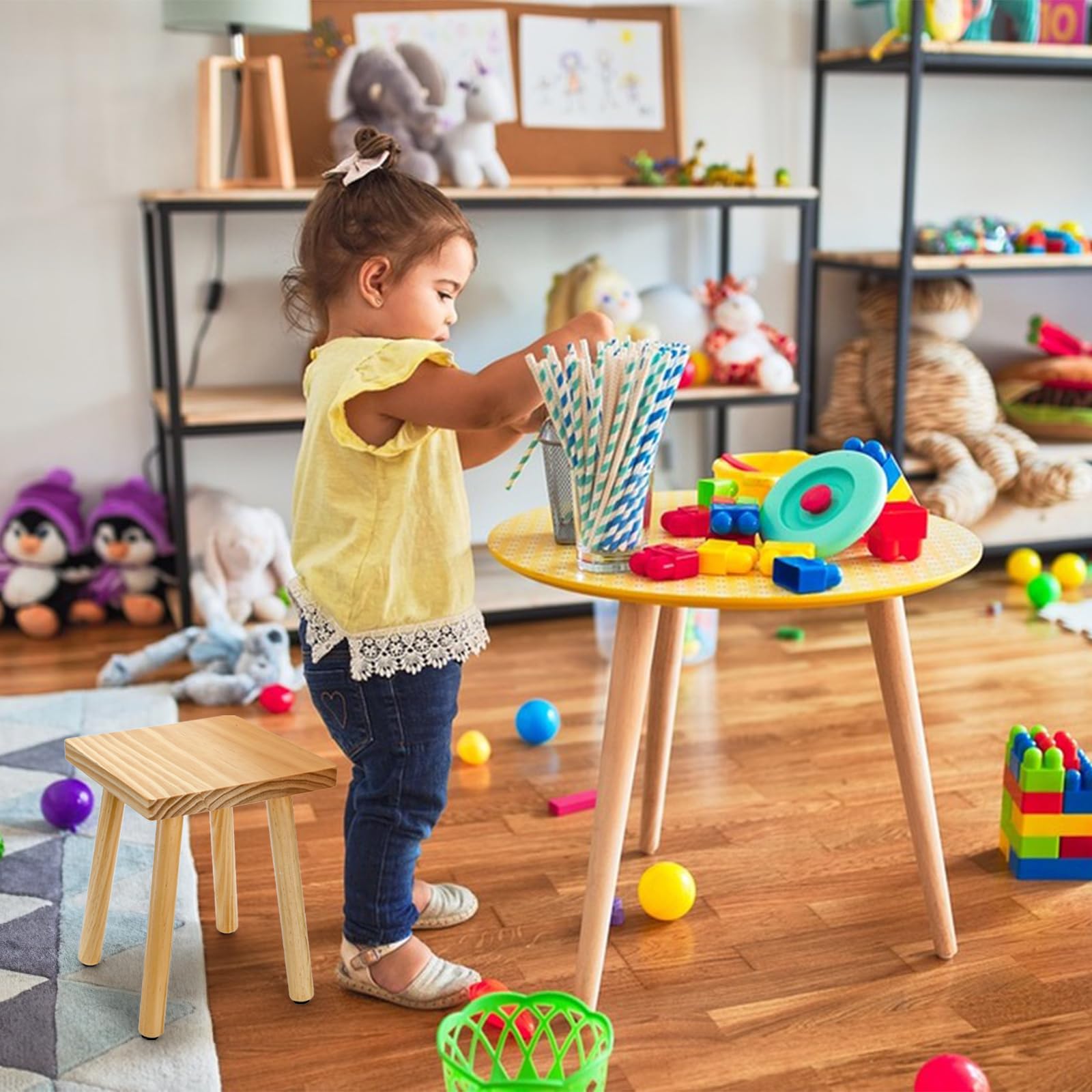 Goaste 9.5 Inch Wooden Step Stool, Solid Square Sitting Stools for Adults Kids, Multi-Purpose Short Chair Perfect Matched Sensory Table, 4-Legged Small Foot Rest Stool for Playroom, Kitchen, Bedroom