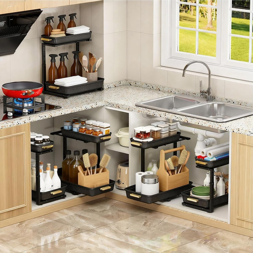 ARSTPEOE Under Sink Organizer - Multi-Purpose Pull-Out Storage Shelves | 2 Packs, Black for Kitchen & Bathroom