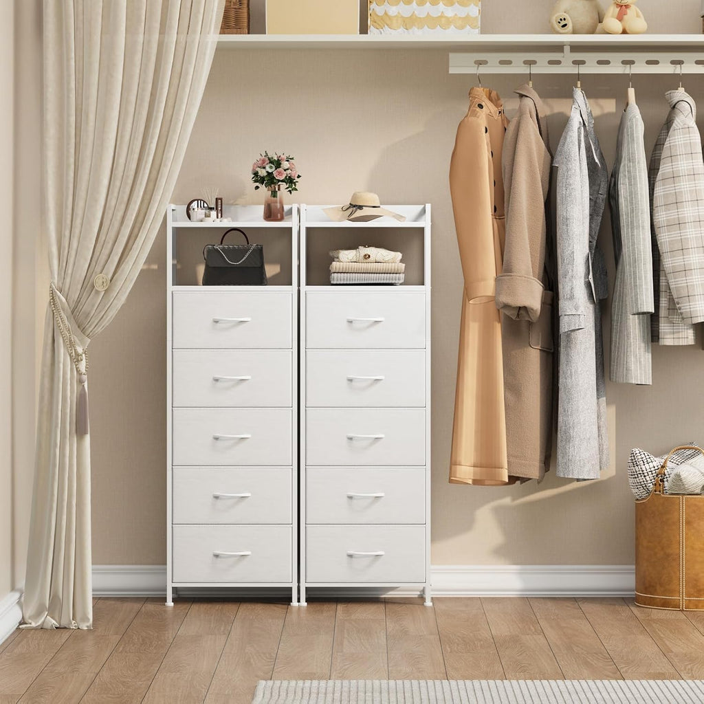 Somdot Tall Dresser - 5-Drawer Vertical Storage Tower Unit for Bedroom & Kids Room - White Leather