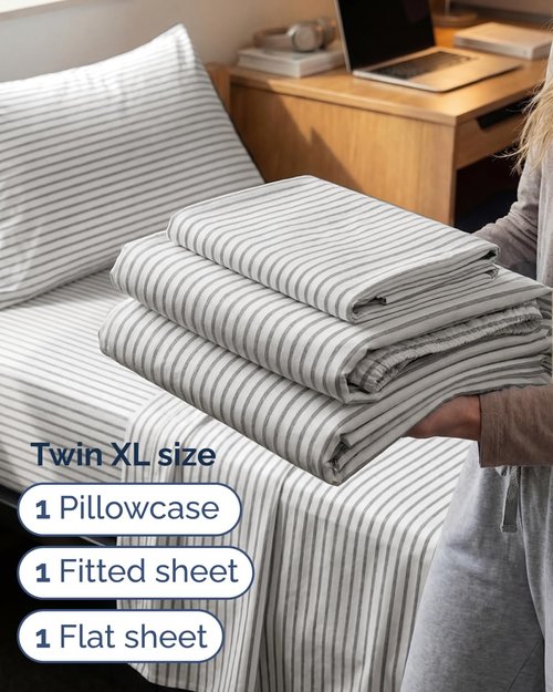 Comfy Twin XL Sheet Set by [Brand Name] - 3 Piece Cooling Bedding - Deep Pockets & Wrinkle-Free - Grey Stripes