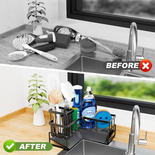 Fikoksol Kitchen Sink Sponge Holder - 90-Degree Caddy Organizer with Dish Brush Storage | Metal L-Shaped Design