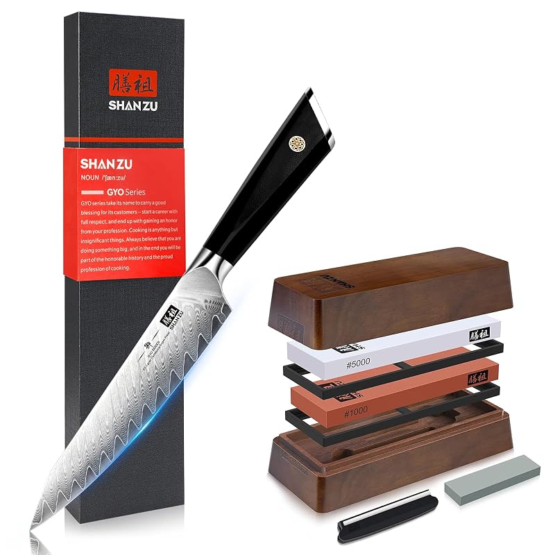 Damascus AUS-10 Chef Knife 6 inch with Whetstone Set – Sharpener Stone & Storage Box