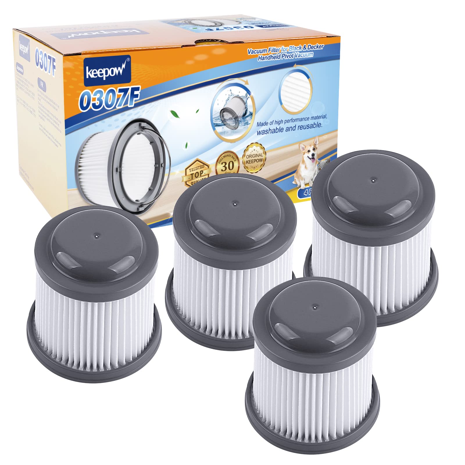 KEEPOW PVF110 Replacement Vacuum Filter for Black and Decker Handheld Pivot Vacuum BDH2000PL BDH2020FLFH PHV1410 PHV1810 PHV1210 BDH2020FL, Washable Hand Vac Filters, 4 Pack