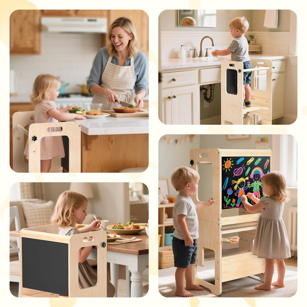 WORLDMX Toddler Kitchen Step Stool, Adjustable Height Learning Standing Tower with Blackboard, Wooden Kitchen Stool Helper for Kids, 1-3 Year Old Boy Girl Gifts