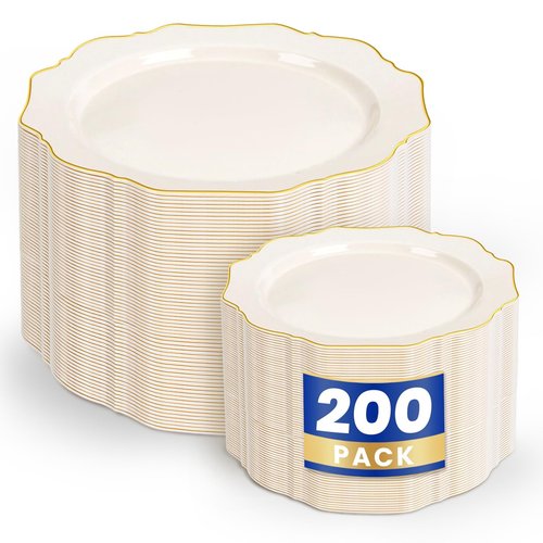 WDF 200PCS Ivory Plastic Plates with Gold Rim - Cream Plastic Plates - Include 100 Dinner & 100 Dessert Fancy Disposable Plate for Party - Heavy Duty Plate for Wedding Baby Shower Spring