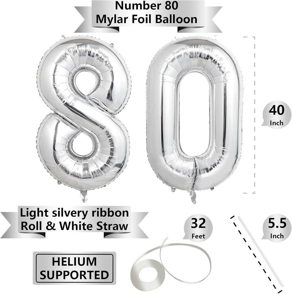 Number Balloons | Giant Silver 80 Balloon - 40 Inch for 80th Birthday & Anniversary Celebrations
