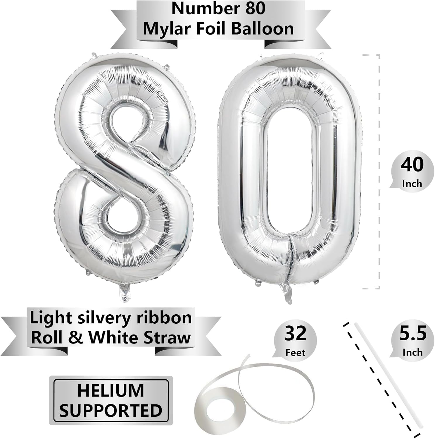 Number Balloons | Giant Silver 80 Balloon - 40 Inch for 80th Birthday & Anniversary Celebrations
