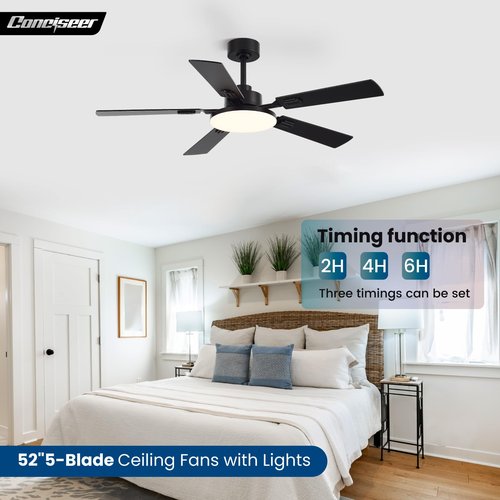 Conciseer 52 Inch Ceiling Fans with Lights and Remote for Bedroom Living Room Kitchen Office, Indoor/Outdoor Use, 5CCT Dimmable, 5 Blades, 6 Speed Reversible Quiet DC Motor, Black/Wood Grain