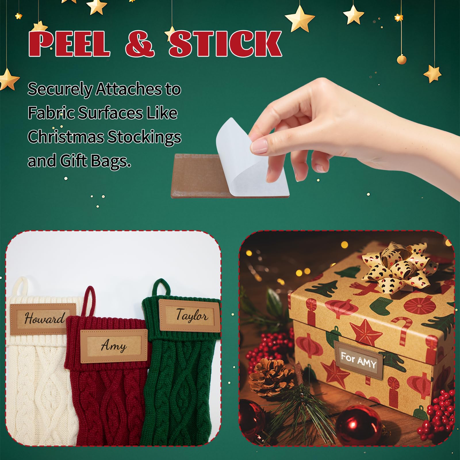 Oeyliz Personalized Christmas Stocking Leather Name Tags Custom Christmas Stocking Leather Tags Personalized Knitted Xmas Stocking 6PCS Light Brown Leathers Name Label for Family Christmas Decor