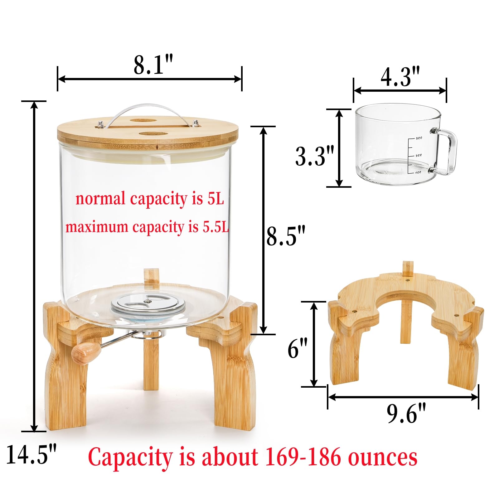 Goaste Glass Rice Dispenser with Bamboo Stand, 5L Flour Cereal Container with Airtight Lid, 8 Lbs Large Grain Food Storage Bucket, Countertop Beans Storage Tank with Measuring Cup & Valve for Dry Food
