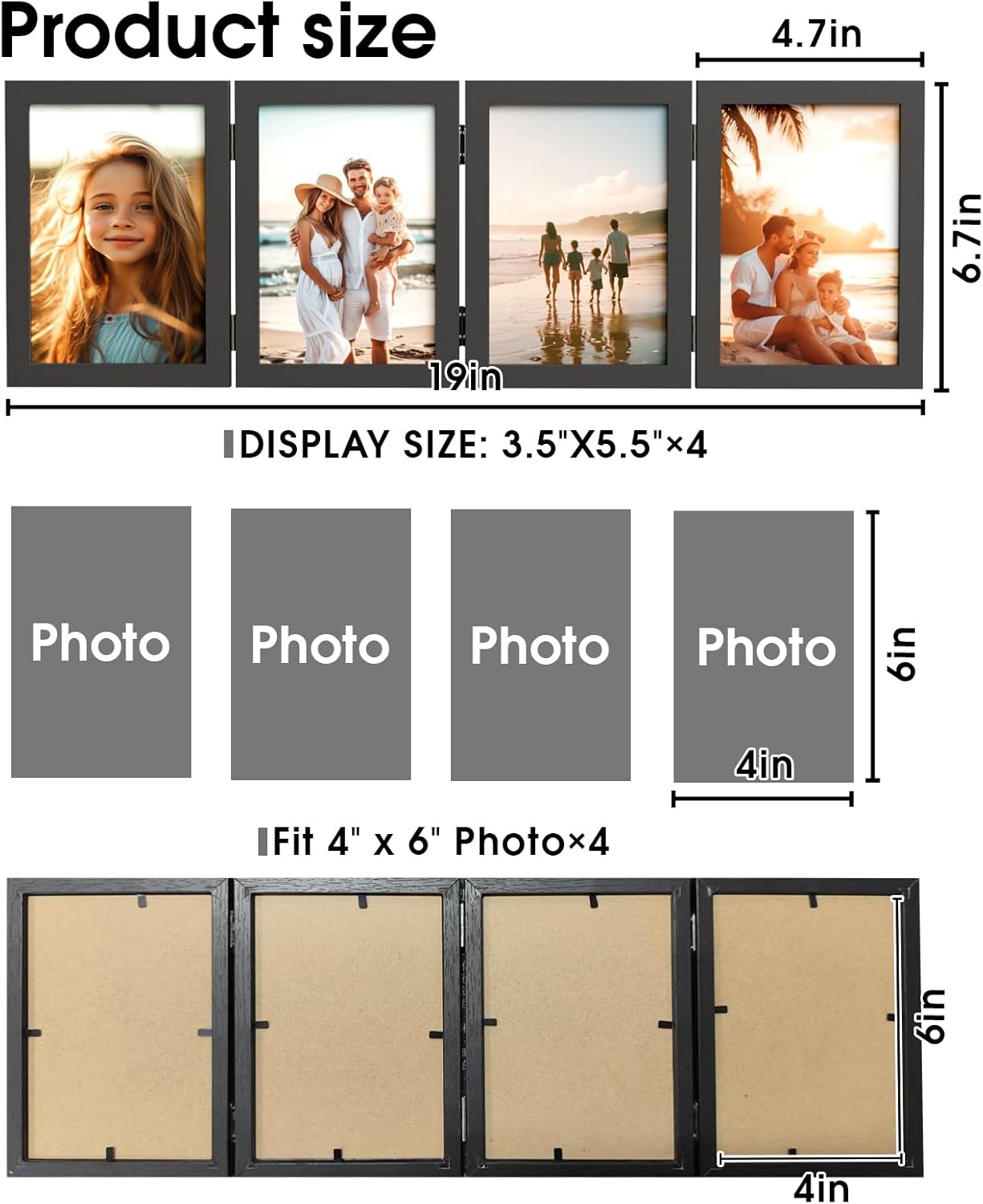 WARM&LOVE 4x6 Rustic Wood Photo Frame - Four Folding Hinged Collage Stand for Family Memories | Black