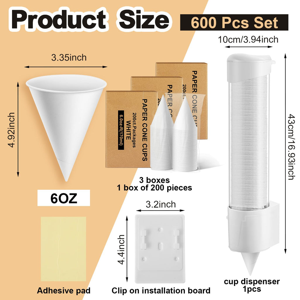 Roshtia 600 Pcs 6 oz Snow Cone Cups Paper Thicken Disposable with 1 Cups Dispenser Pull Type Wall Mount Cup Holder Paper for Restaurants, Home, and Office, and Shaved Ice, Cold