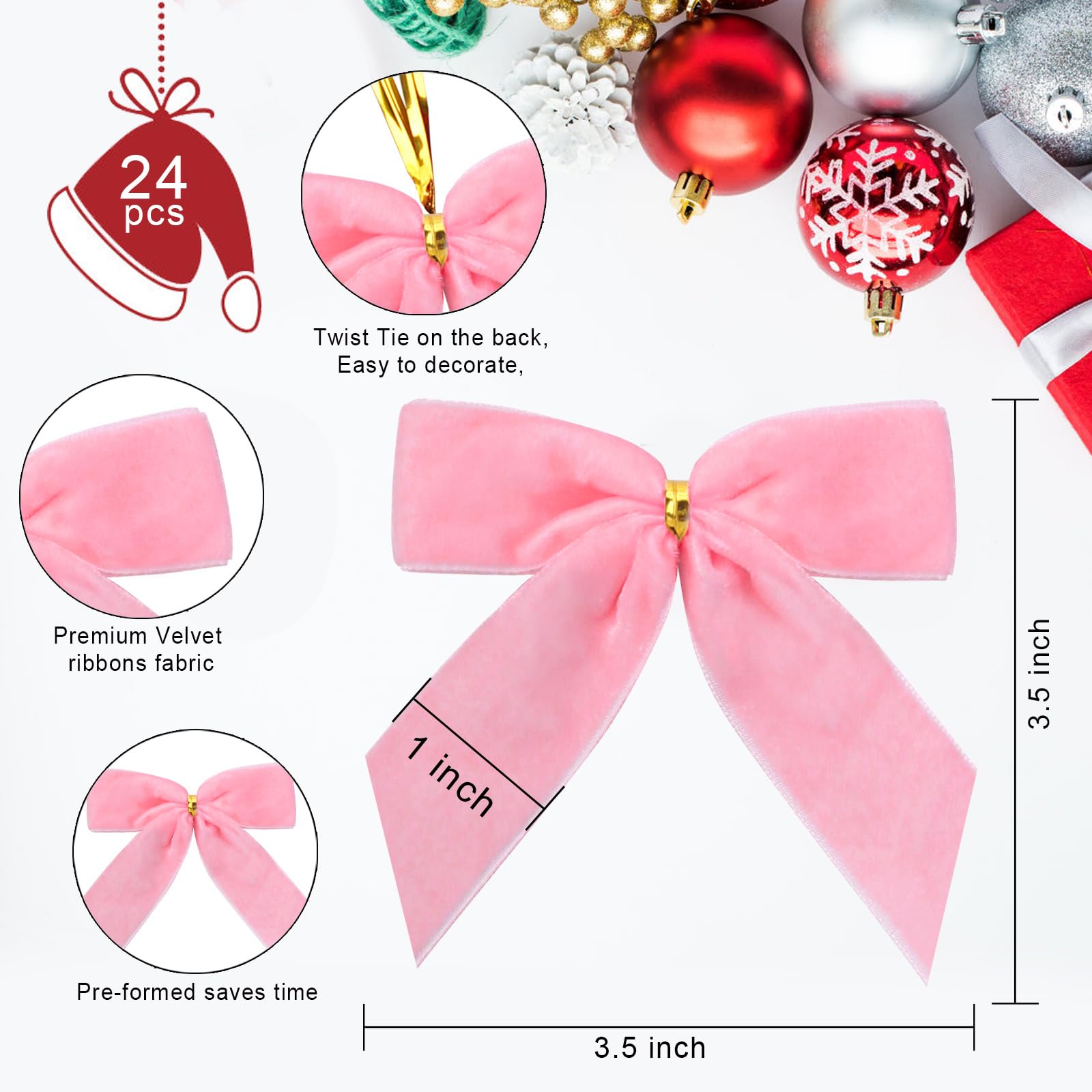 Tsorode 24 Pcs Pink Velvet Bows for Christmas Tree,Pink Bows Velvet Ornaments Christmas Tree Bow for Gift Wrapping Door Vintage Garland Wreath,Rustic Holiday Decor-1" Wide,3.5 x 3.5 Inch
