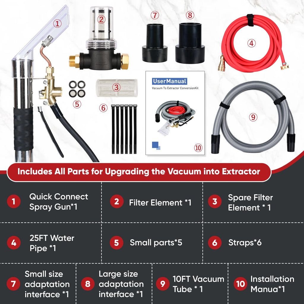 Shop Vac Extractor Kit, Universal Extractor Hose Kit for Shop Vac, Extractor Vacuum Attachment With 25FT Water Line and 10 FT Vacuum Hose & Adapter for Carpet Cleaning