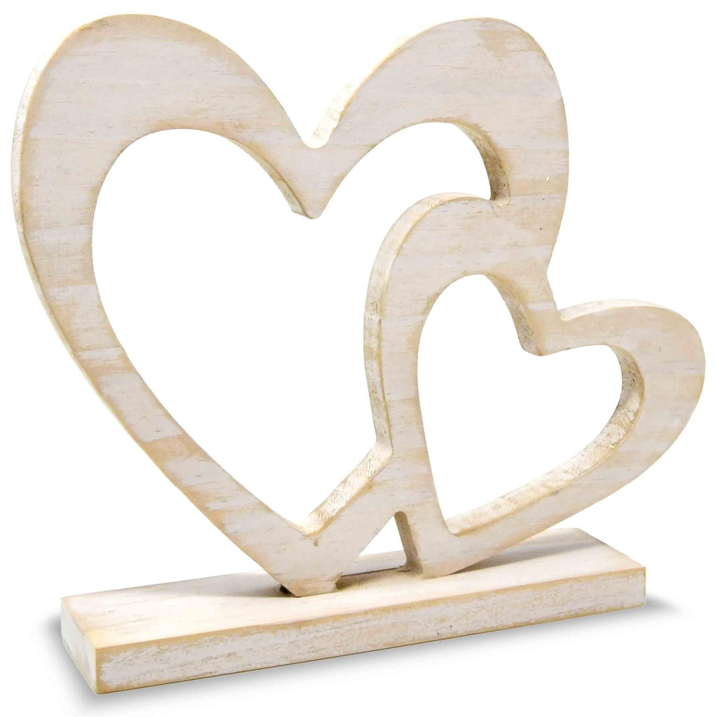 Rustic Wooden Double Heart Tabletop Decor – Interlocking Hearts Wedding Centerpiece, Engagement, Bridal Shower & Anniversary Party Decoration Gift