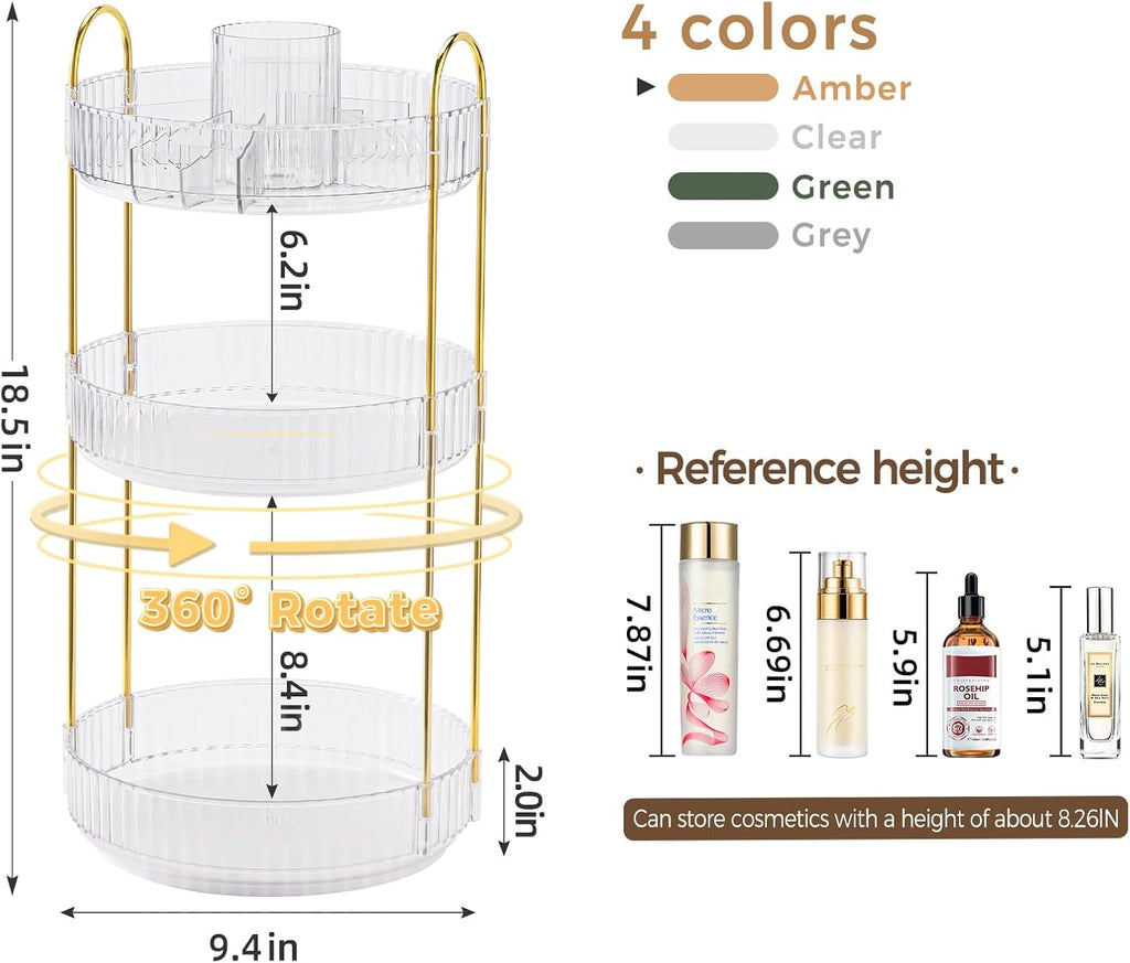 Skiennix 360° Rotating Makeup Organizer - Upgraded 3-Tier Skincare & Perfume Storage | Clear Cosmetic Dresser with Brush Holder