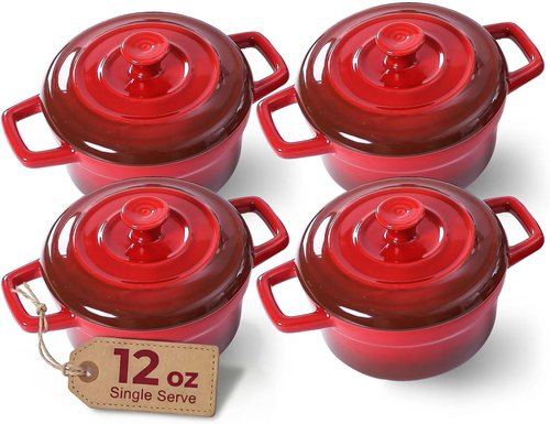 Lareina Mini Cocotte - 12oz Ceramic Casserole Dishes - Oven & Dishwasher Safe - Set of 4 in Red