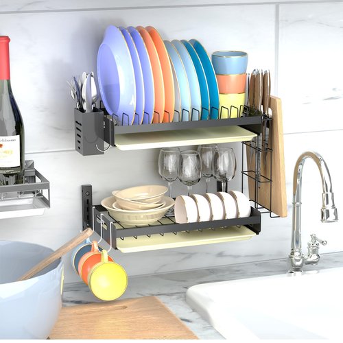 Besamery Hanging Wall Mounted Dish Drying Rack Set with Detachable & Removable Layer*2, Hook*4, Drain Tray*2, Apartment & RV Wall Mounted Dish Rack, Adhesive Mountable, Length: 15.9", Washable (Black)