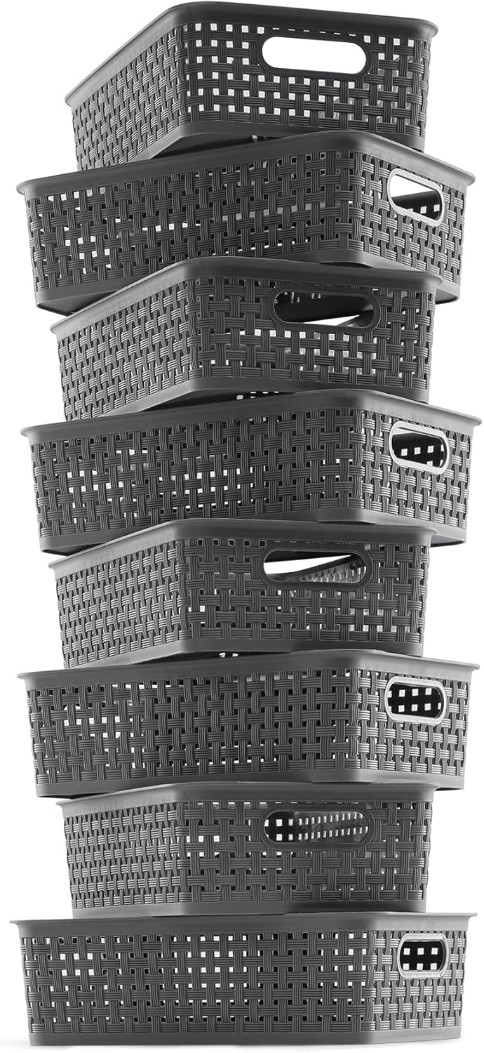 NETANY Plastic Storage Baskets - 8 Pack, Durable & Flexible Gray Organizers for Closets & Shelves