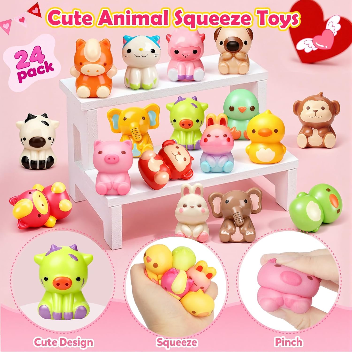 Valentines Day Cards for Kids School, 24 Pack Valentines Day Gifts for Kids, Valentines Cards with Animal Squishy Toys, Valentines Party Favors, Classroom Exchange Prizes for Boys Girls (Style 2)