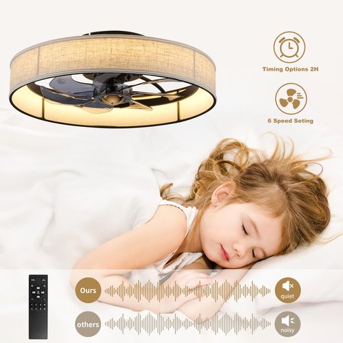 19.6" Low Profile Caged Ceiling Fan with Light and Remote,Flush Mount Smart Fandelier, 6 Speed Settings, Adjustable 3000K-6500K LED, Bladeless Fabric Design, Modern Farmhouse Ceiling Fans for Bedroom