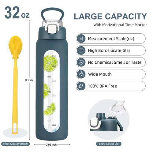 chunmo 32 oz Glass Water Bottle with 2 Lids-Handle Spout Lid & Straw Lid, 1 Liter Motivational Borosilicate Water Bottle with Time Marker and Silicone Sleeve,Leakproof-Dark Blue-1 Pack