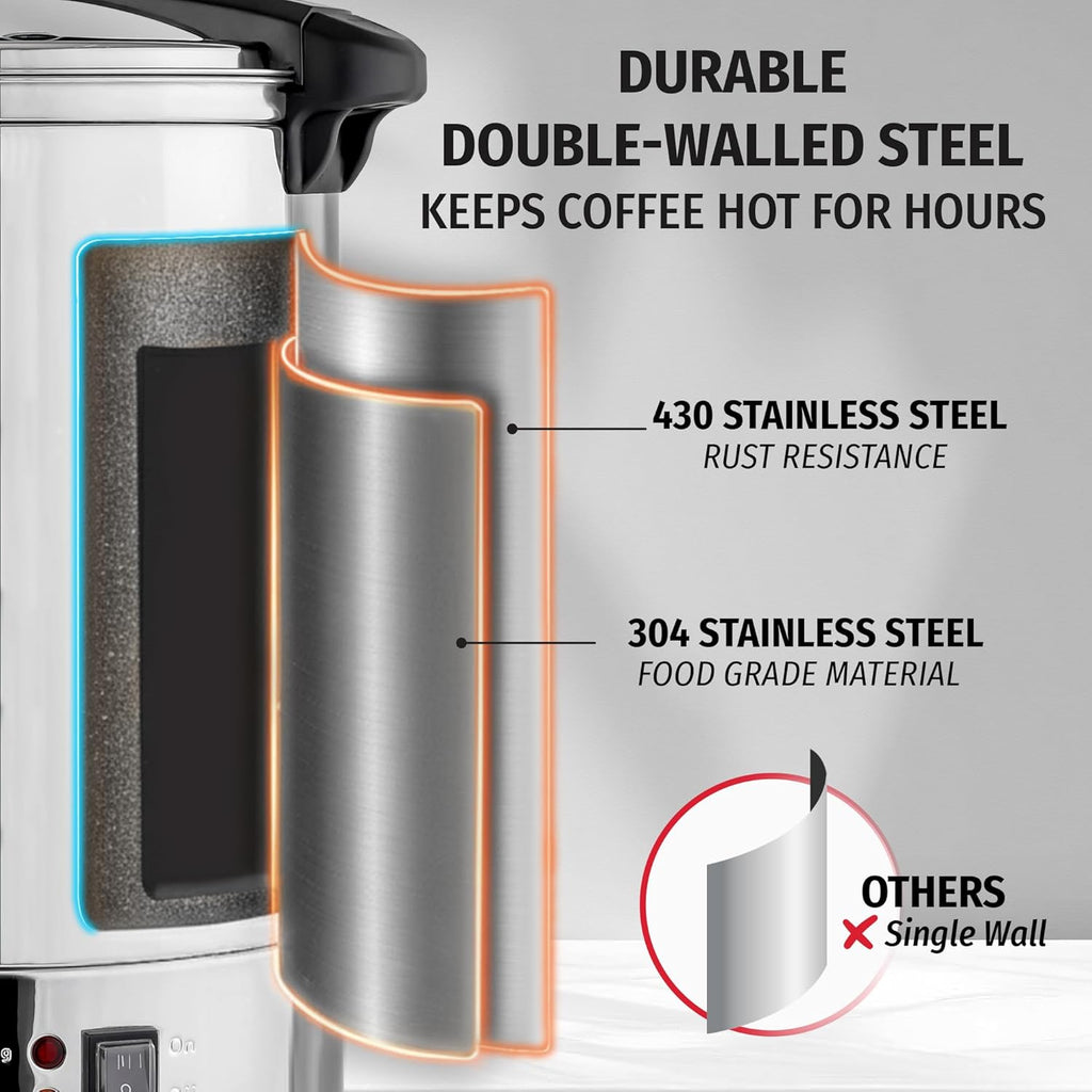 Zulay 100 Cup Coffee Maker - Commercial Grade Double-Wall Stainless Steel Urn for Quick Brewing | Silver