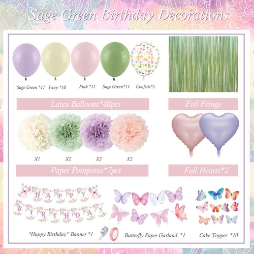 Fairy Birthday Party Decorations Set, Fairy Themed Party Decorations, Green Purple Pink Yellow Balloons Butterfly Banner for Birthday Decorations Spring Tea Party