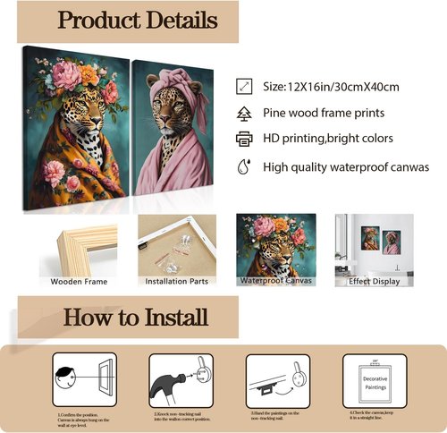 Leopard Wall Art Set by Funny Bathroom - Eclectic Bathrobe Decor | Aesthetic Canvas Prints 12x16