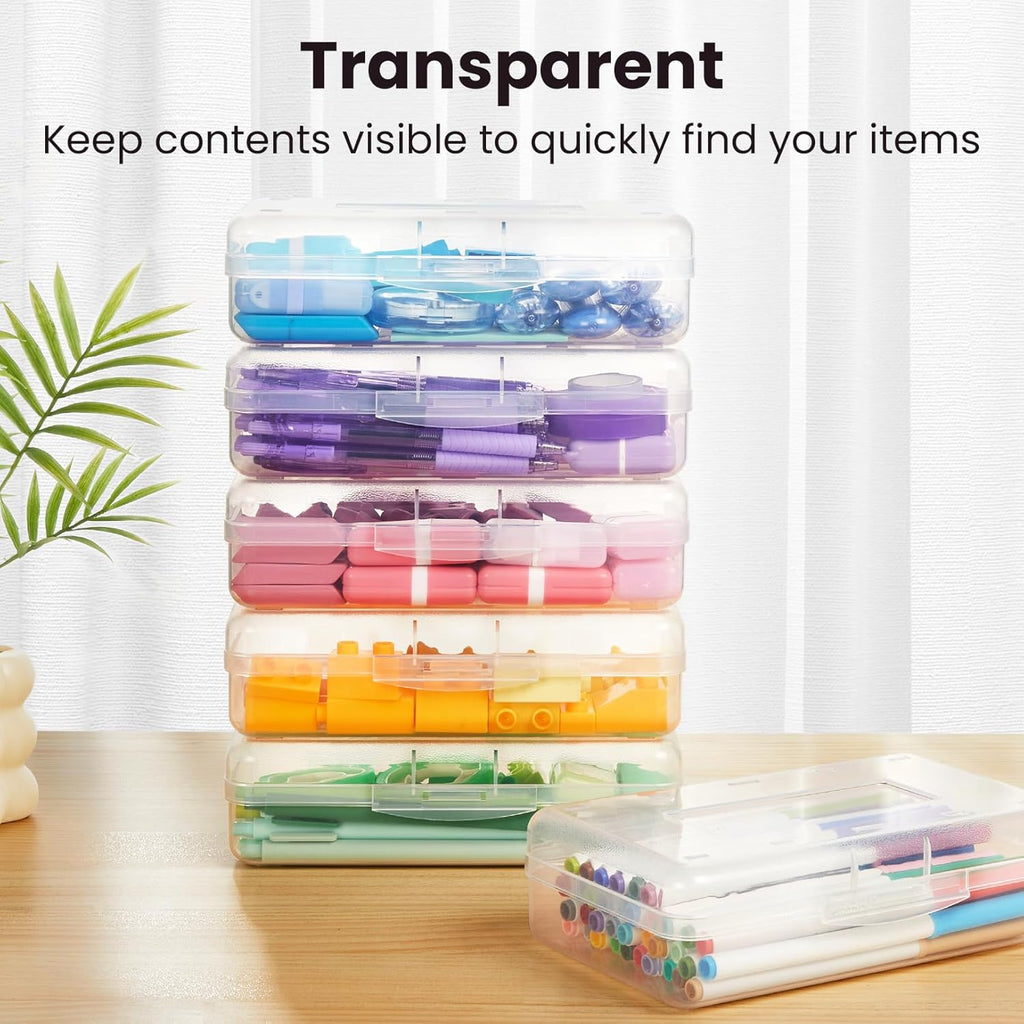 Sooez Plastic Pencil Case Box - 6 Pack Large Crayon Organizer with Snap Lids | Clear Stackable Craft Storage
