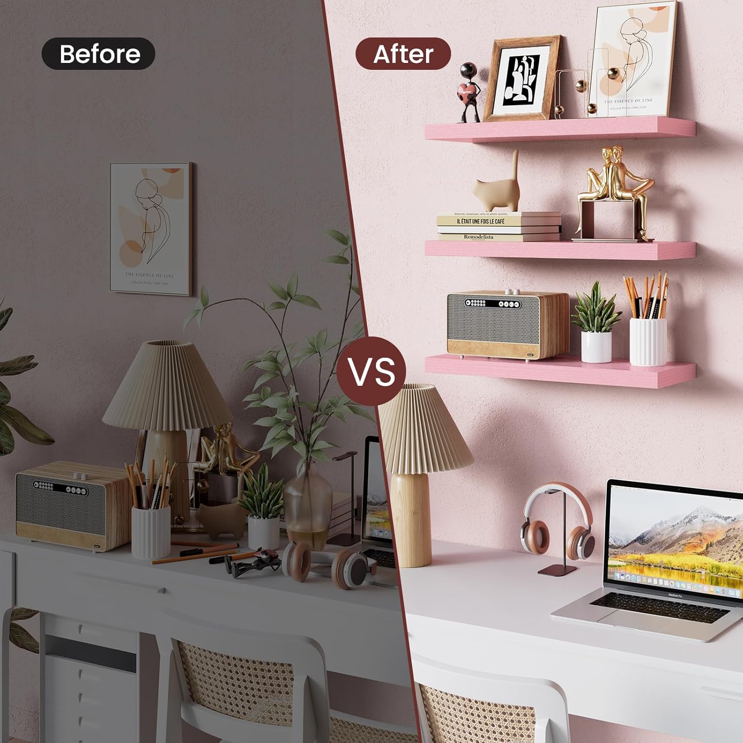 BAYKA Floating Wall Shelves - Set of 3 Pink Wood Shelves for Bathroom, Bedroom & Living Room | 15.7in, 22lbs Capacity