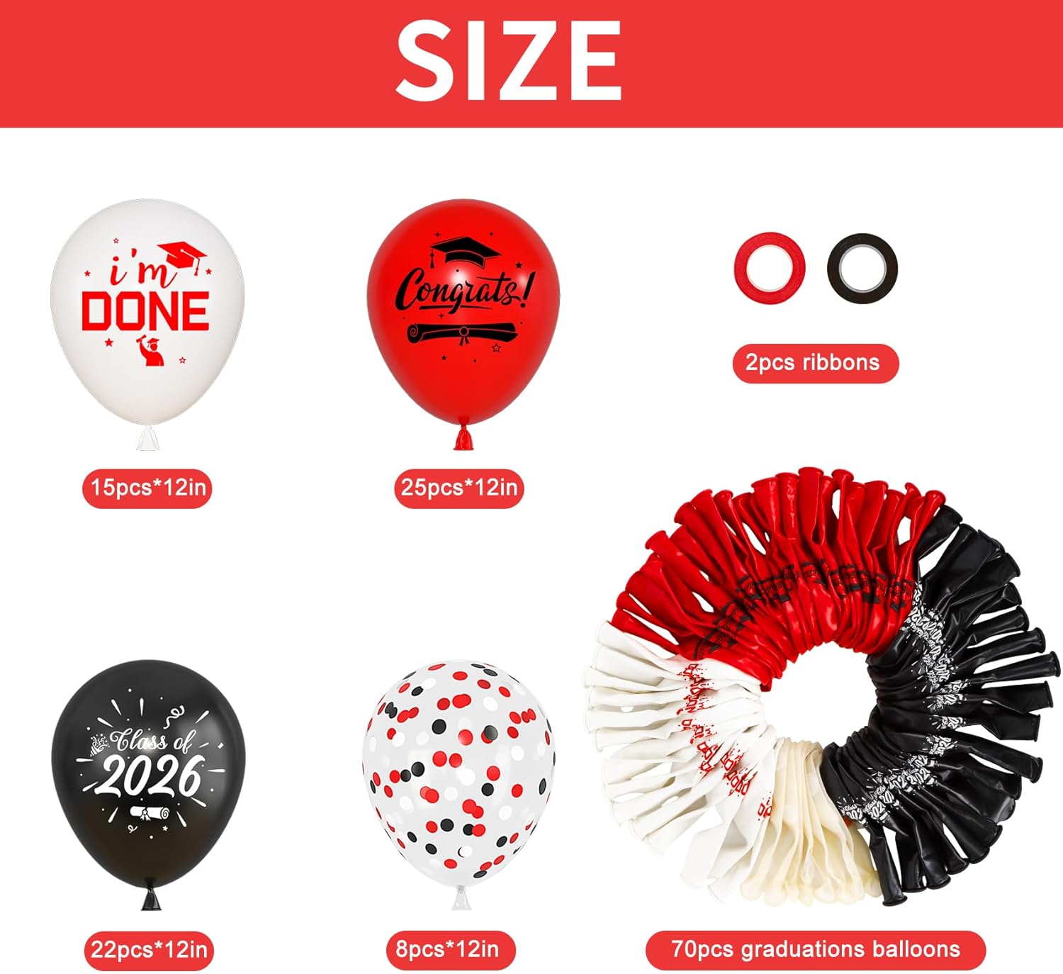 Red and Black Balloons Set by [Brand Name] - 72pcs Graduation Party Decorations with 12-Inch Metallic Confetti Balloons