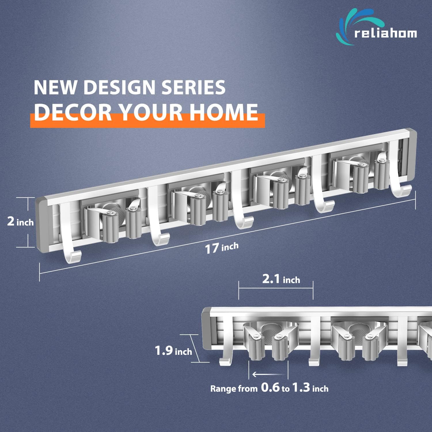 Reliahom Adjustable Broom Holder - Wall Mount Mop Storage Organizer with 4 Racks & 5 Hooks | Silver Finish
