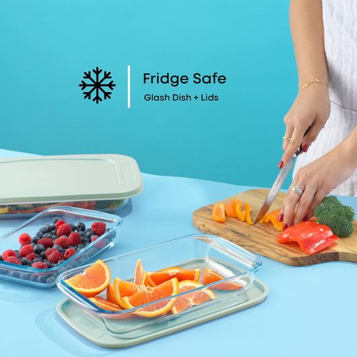 JoyJolt 8-Piece Borosilicate Glass Baking Dish Set - Deep Rectangle Dishes with Sage Green Lids | Oven & Freezer Safe