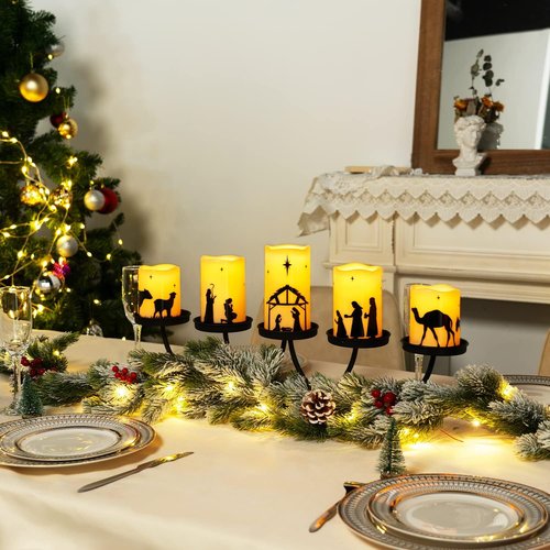 Homemory Flameless LED Pillar Candles - Battery Operated Nativity Scene Decor | 5 Pack with Remote Timer
