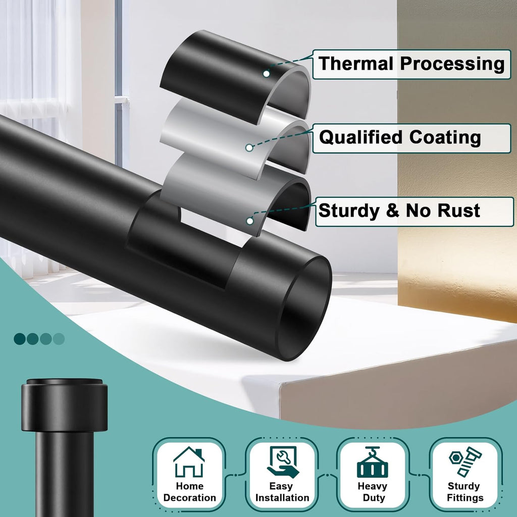 Skiennix Heavy Duty Adjustable Curtain Rod - 72-144 Inch Black Window Treatment, Modern Design