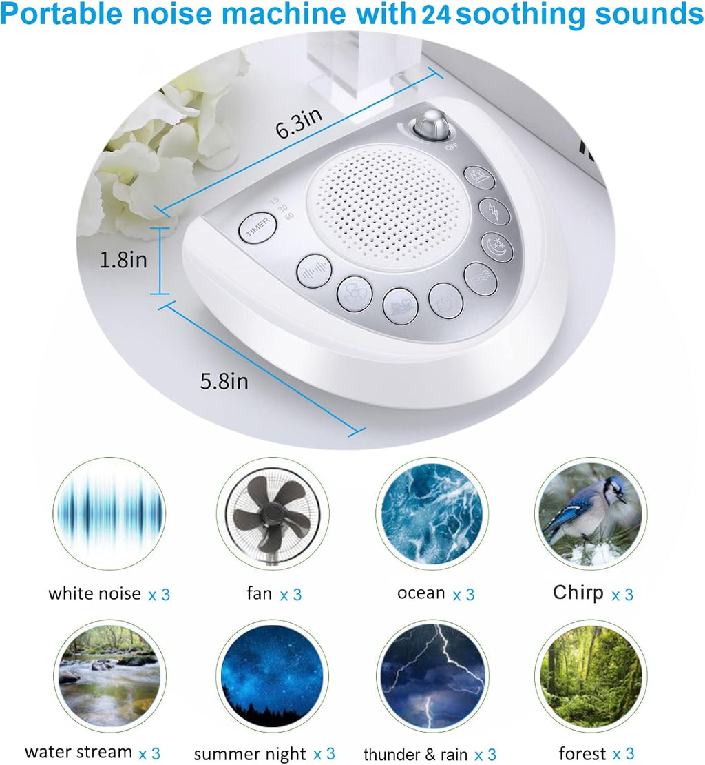 Raynic White Noise Machine - Portable Sleep Sound Device with 24 Soothing Sounds | USB & Timer Features, Silver