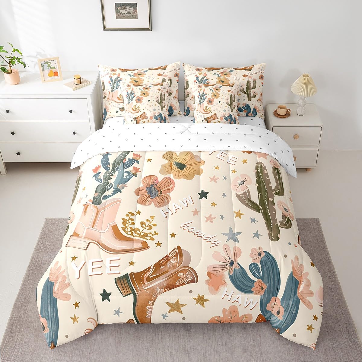 Manfei 7pcs Cowgirl Comforter Set Twin Size, Country Western Cowboy Boots Bedding Set with Sheets for Kids Girls Teens Room Decor, Wild West Cactus Flower Bed in a Bag Cute Cartoon Brown Bed Set