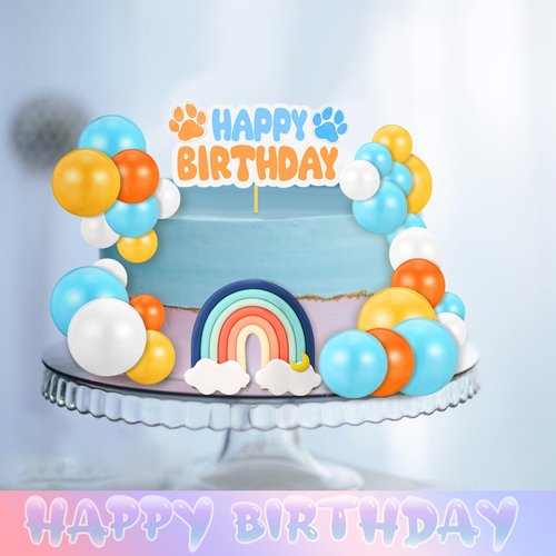 30 Pcs Blue Rainbow Cake Toppers with Blue Orange Ball Happy Birthday Cake Toppers for Birthday Wedding Party Supplies