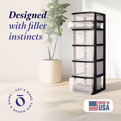 HOMZ 6-Tier Drawer Tower - Heavy-Duty Clear Plastic Storage Organizer Cart for Home & Closet