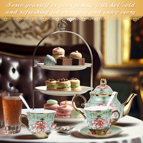 Zhehao 20 Pcs Porcelain Tea Set with Metal Holder and Spoon Adult Ceramic Tea Set European Flower Painting Teapot Cup Saucer Spoon for Women, Large Version (Fresh Style)