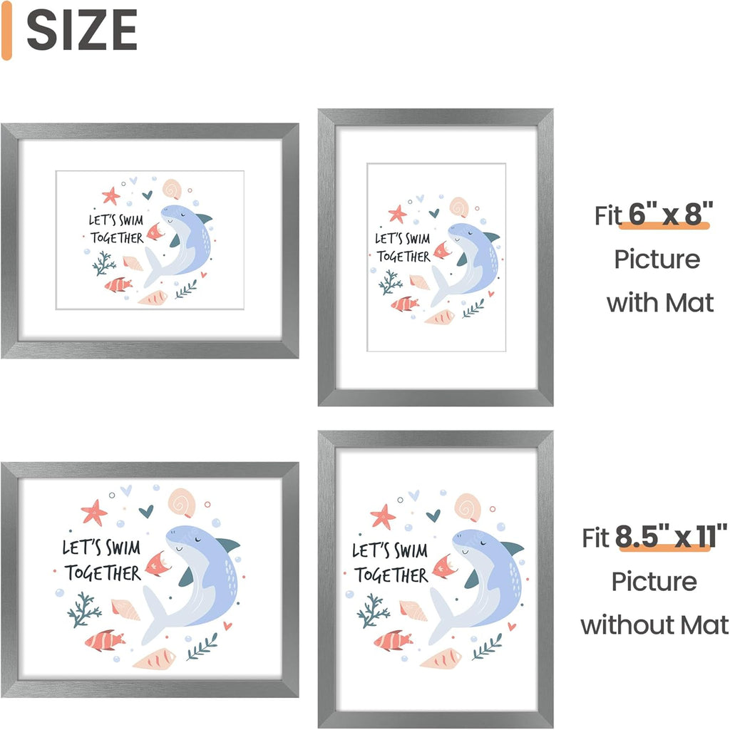 Upsimples 8.5x11 Picture Frame - Versatile Display for 6x8 or 8.5x11 Photos | Metallic Gray, 1 Pack