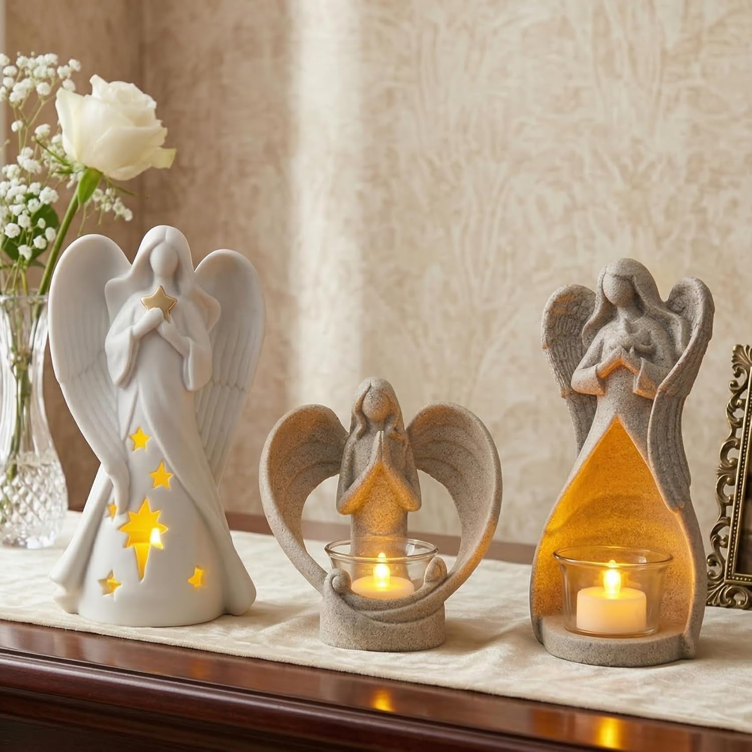 OakiWay Memorial Candle Gift - Angel Figurine Tealight Holder with Flickering LED Candle | Sympathy & Bereavement Decor