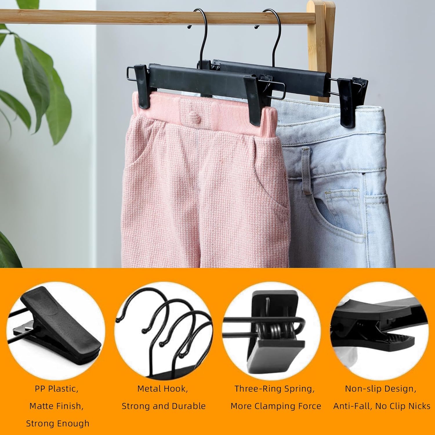 Northern Brothers Pants Hangers - 10 Pack Black Plastic Clips | Adjustable, Non-Slip, Space-Saving Design for Pants & Skirts