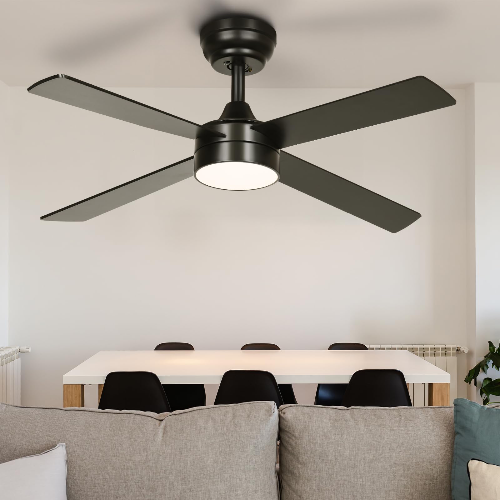 YITAHOME 48 Inch Black Ceiling Fan with Lights and Remote,4 Blades, App Control, Modern Smart Ceiling Fan Compatible with Alexa for Indoor, Reversible Quiet Motor, Memory Function