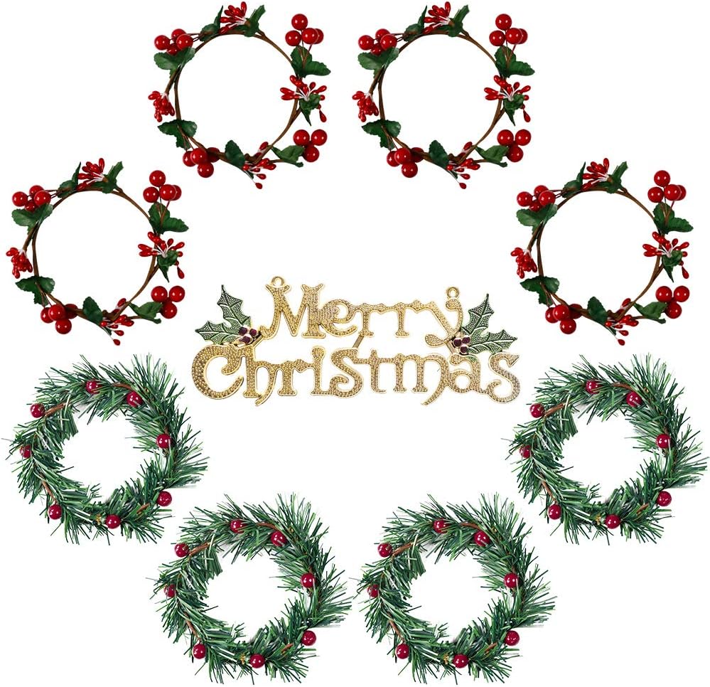 YBB Christmas Candle Rings - 8Pcs Small Artificial Red Berry Wreath Holders for 3-Inch Pillar Candles | Rustic Wedding Decor