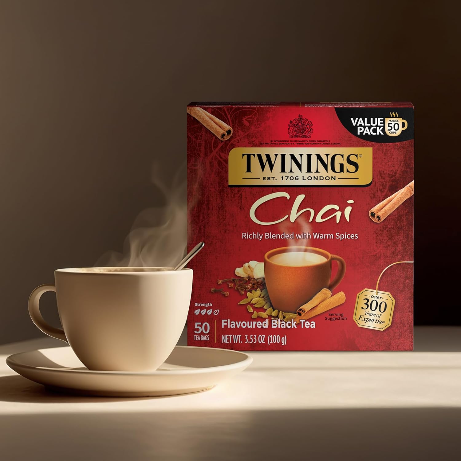 Twinings Chai Black Tea - Individually Wrapped Bags, 50 Count | Sweet & Savory Spices, Caffeinated